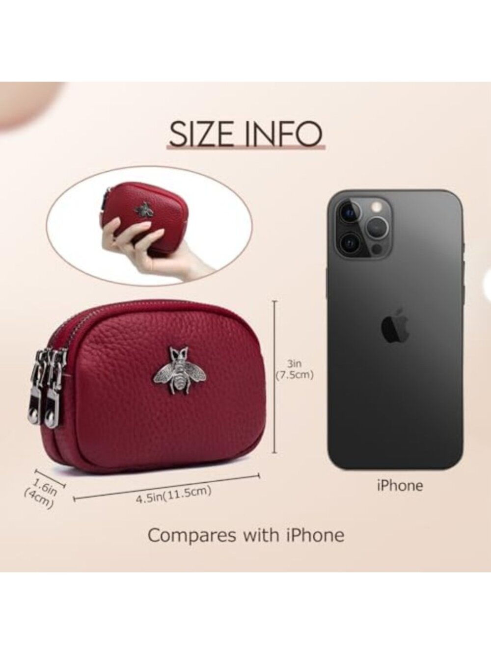 Stylish Red Leather Coin Purse | Small Wallet with Zippered Change Compartment - Picture 3 of 6